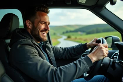 Homme souriant conduisant un SUV sur une route de campagne