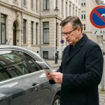 Conducteur vérifiant les restrictions de la vignette Bruxelles de 35 euros devant sa voiture dans une rue bruxelloise avec panneau de zone de basses émissions