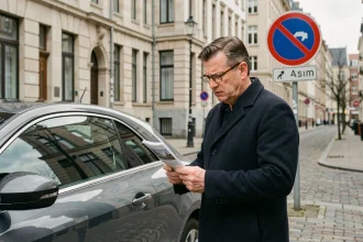 Conducteur vérifiant les restrictions de la vignette Bruxelles de 35 euros devant sa voiture dans une rue bruxelloise avec panneau de zone de basses émissions