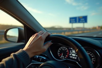 Main de conducteur français sur volant avec GPS affichant miles et km