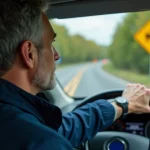 Homme au volant d'une voiture en campagne française
