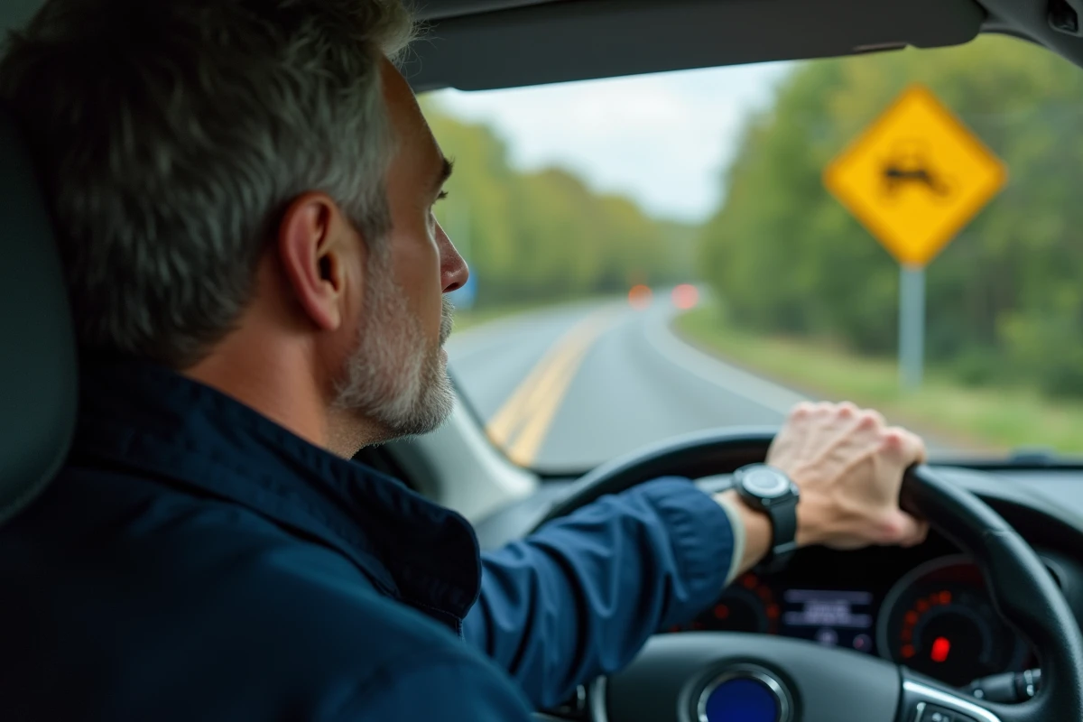 Homme au volant d'une voiture en campagne française