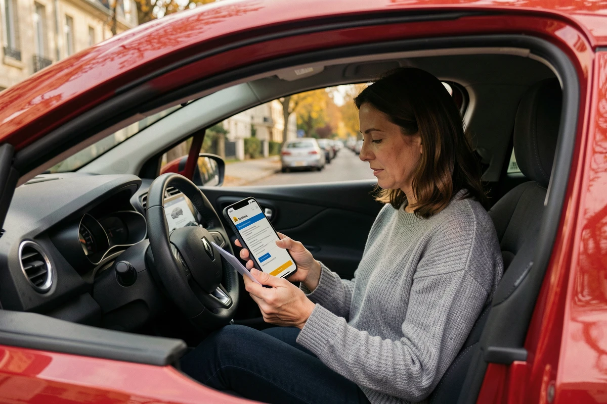 Femme consultant la documentation de sa Renault Clio 4 et son téléphone pour retrouver le code d'authentification du véhicule