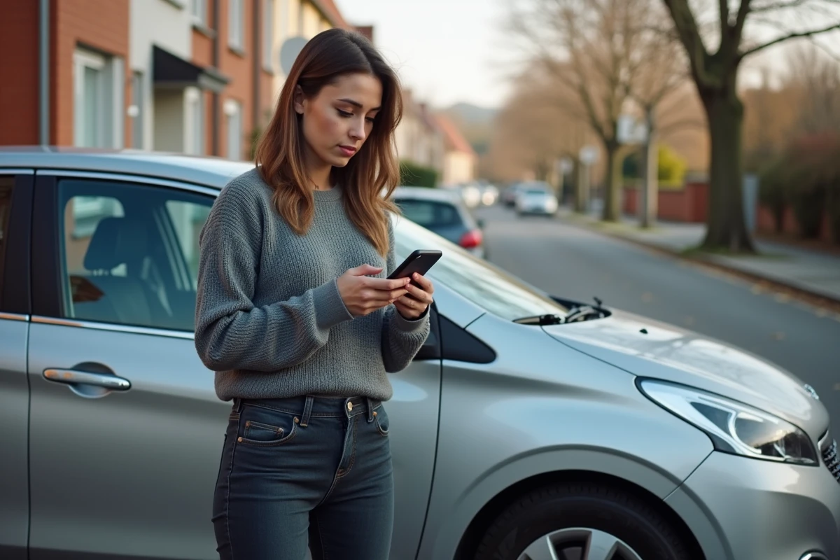 Femme inquiète consultant son smartphone à côté de sa Peugeot 208 après l'apparition d'un voyant de défaut moteur lié au code P2563