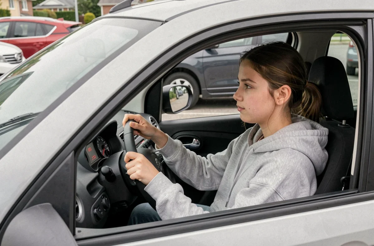Jeune conductrice adolescente au volant d'une voiture sans permis avec compteur affichant 45 km/h