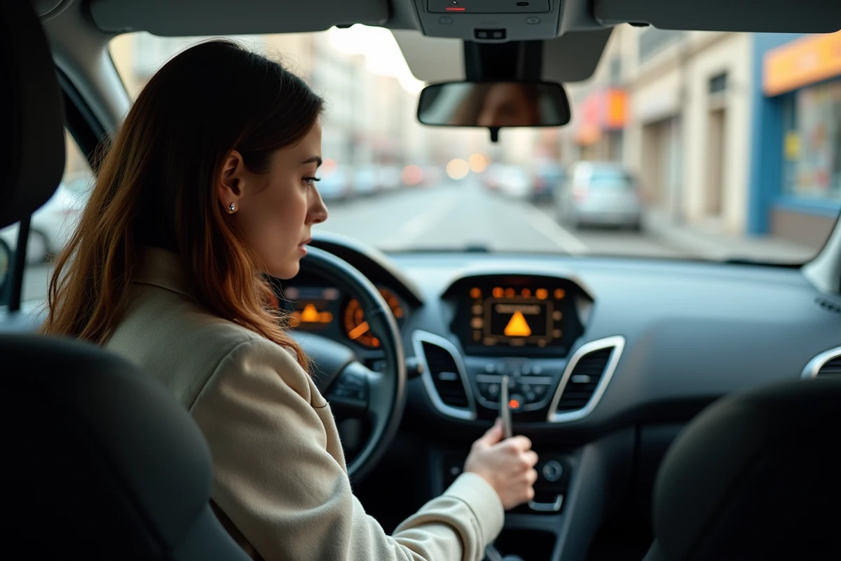 Conductrice inquiète regardant un voyant jaune allumé sur le tableau de bord de sa Peugeot 208 en ville