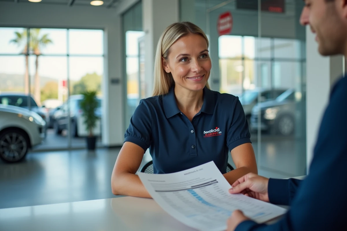 Conseillère automobile présentant un devis de remplacement de courroie de distribution à un client dans une concession