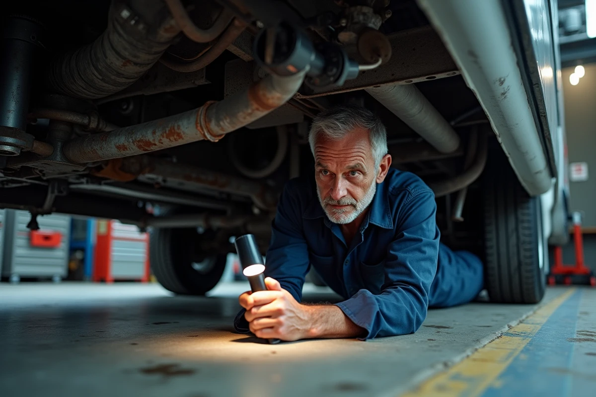 Mécanicien inspectant le châssis d'un camping-car Autostar d'occasion en atelier, contrôle technique approfondi avant achat