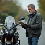 Homme consultant des documents de contrôle technique moto à côté de sa moto garée dans une rue résidentielle