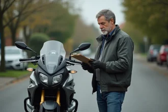 Homme consultant des documents de contrôle technique moto à côté de sa moto garée dans une rue résidentielle