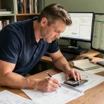 Ingénieur calculant la conversion de 200 mph en km/h avec une calculatrice et des notes manuscrites sur un bureau technique