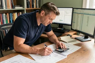 Ingénieur calculant la conversion de 200 mph en km/h avec une calculatrice et des notes manuscrites sur un bureau technique