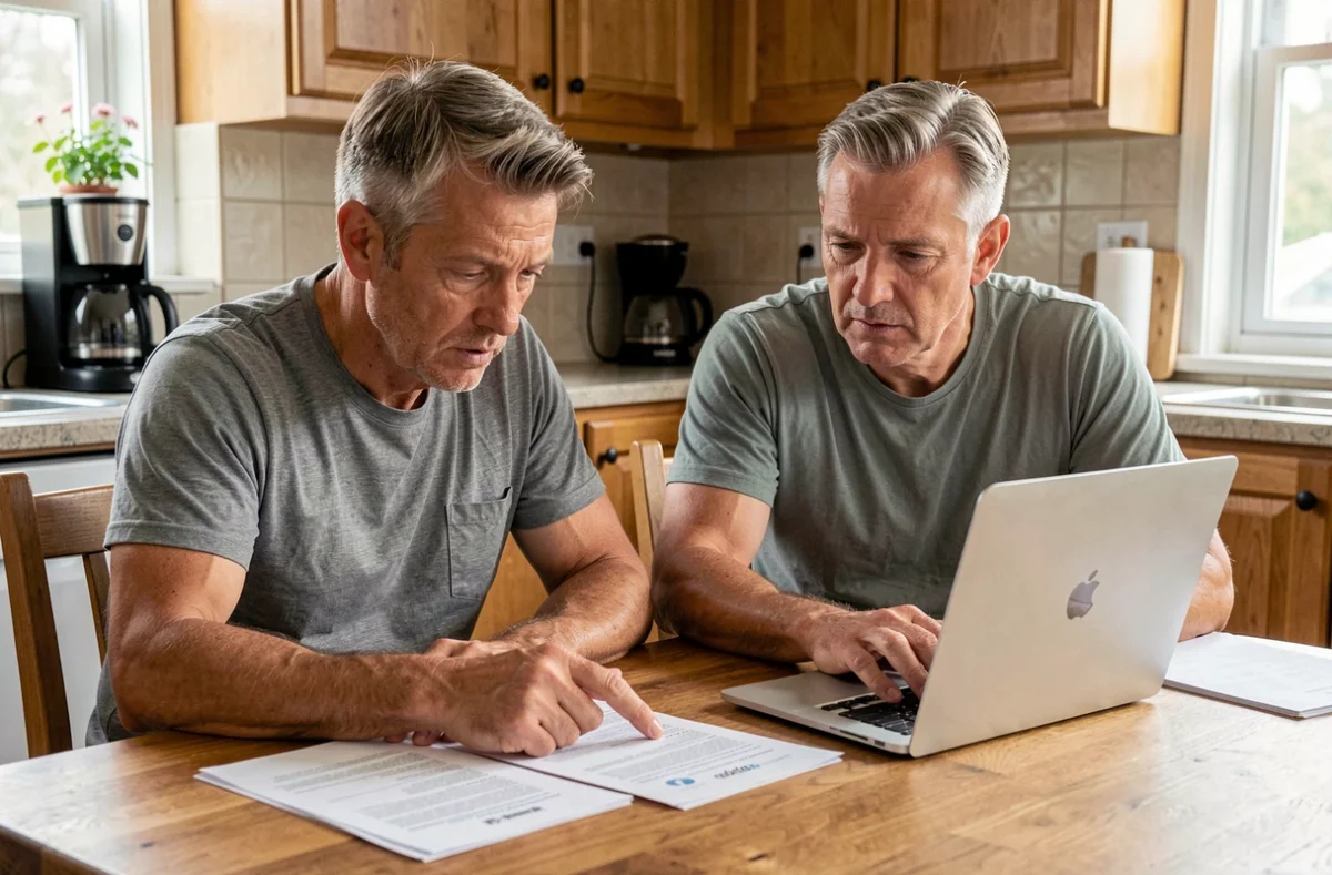 Couple examinant des documents d'assurance auto à la maison, comparant les offres pour quitter leur assureur Qlara en 2026