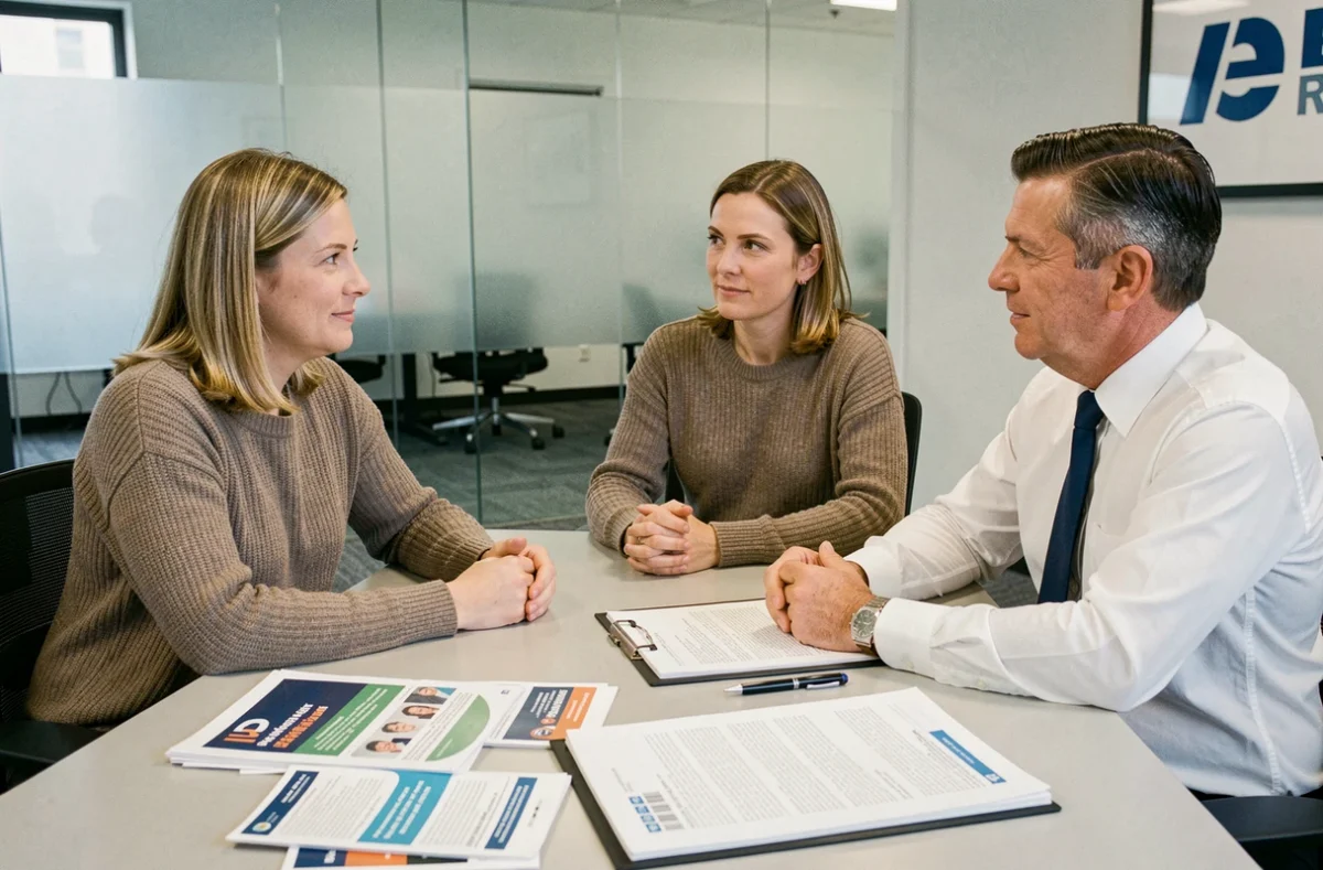 Couple en rendez-vous avec un conseiller en assurance pour comprendre les détails de la franchise automobile