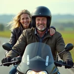 Couple à moto en balade dans la campagne verdoyante