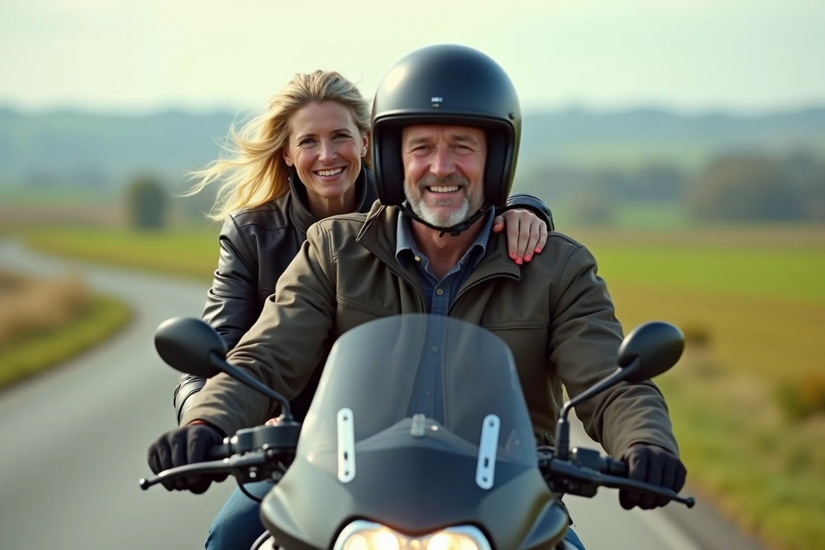 Couple à moto en balade dans la campagne verdoyante