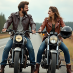 Homme et femme en cuir vintage sur motos américaines