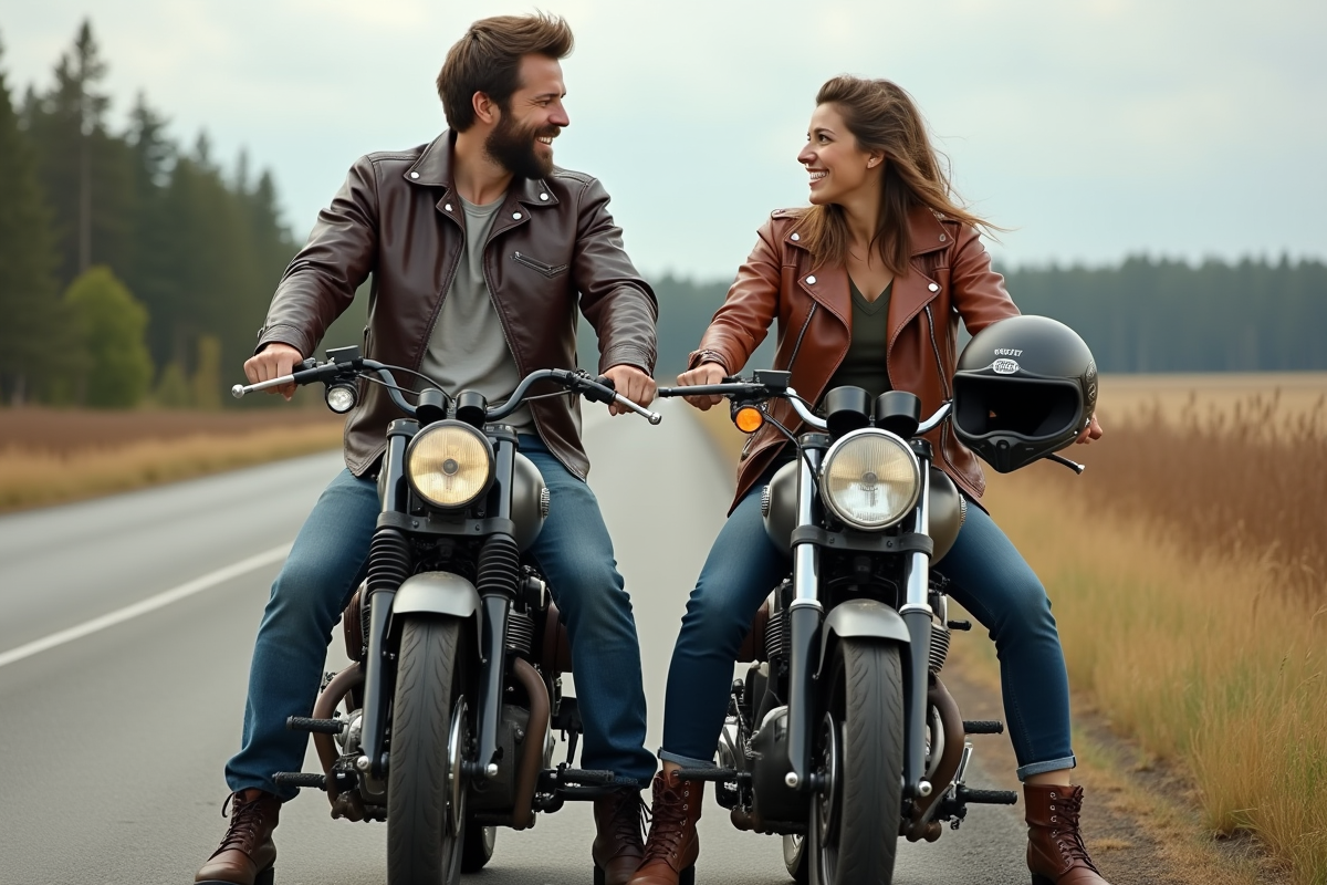 Homme et femme en cuir vintage sur motos américaines