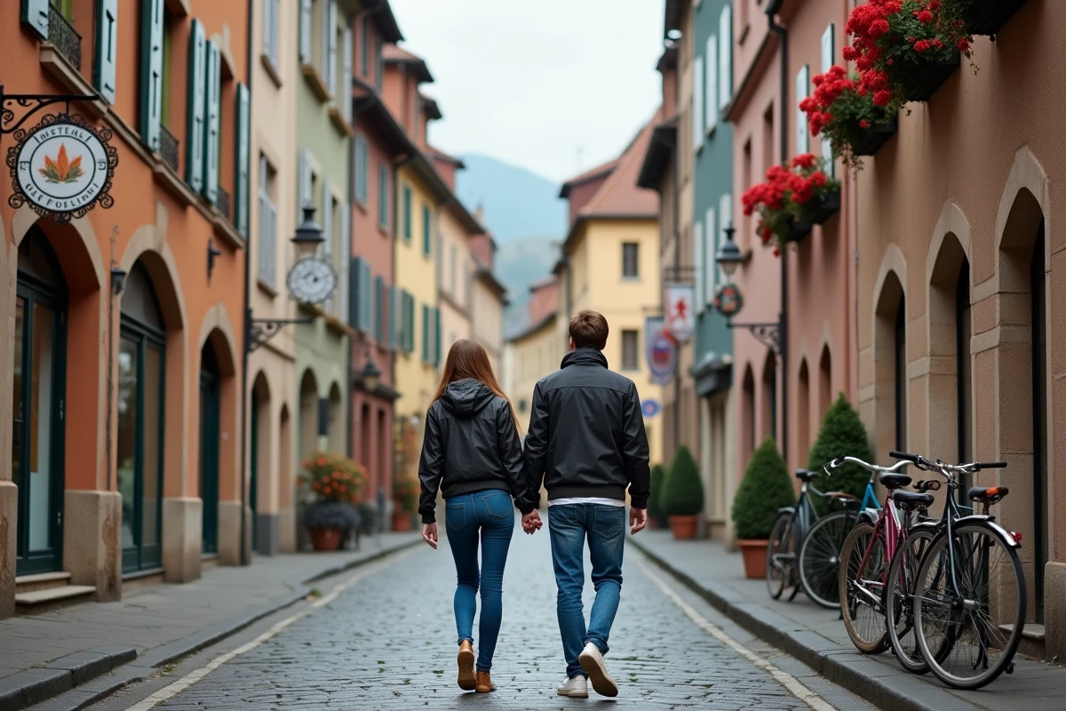 Jeune couple marchant dans rue colorée de Colmar