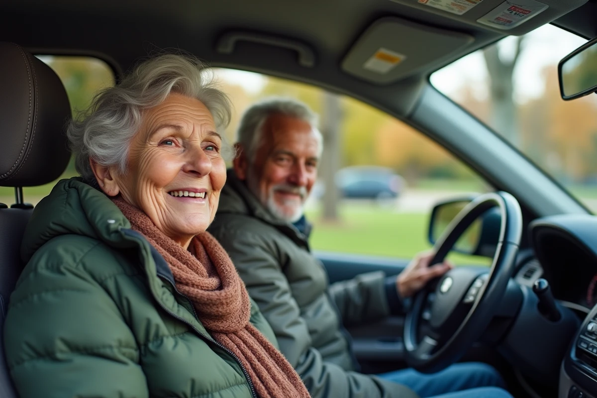 Couple senior souriant dans une voiture en plein air