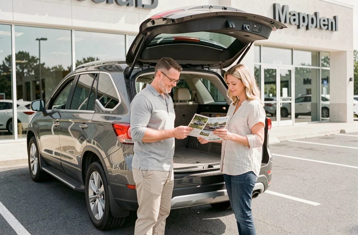 Couple évaluant un SUV familial dans une concession automobile moderne