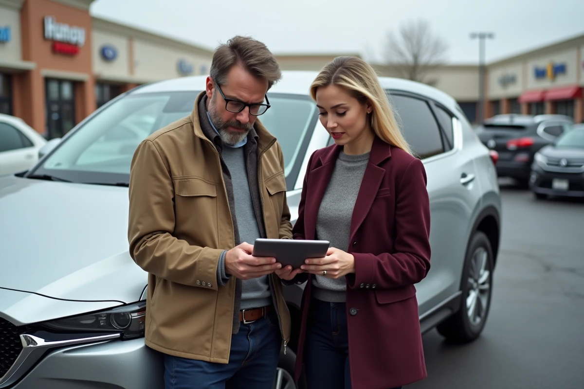 Couple consultant un site d'information automobile sur tablette à côté d'un SUV
