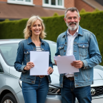 Couple souriant avec leur voiture et documents d'assurance