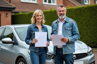 Couple souriant avec leur voiture et documents d'assurance