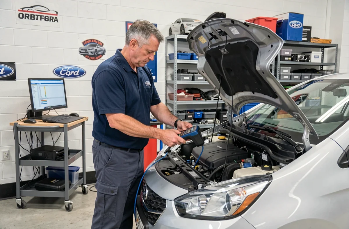 Technicien de Damnon Auto effectuant un diagnostic électronique sur un véhicule dans un garage moderne