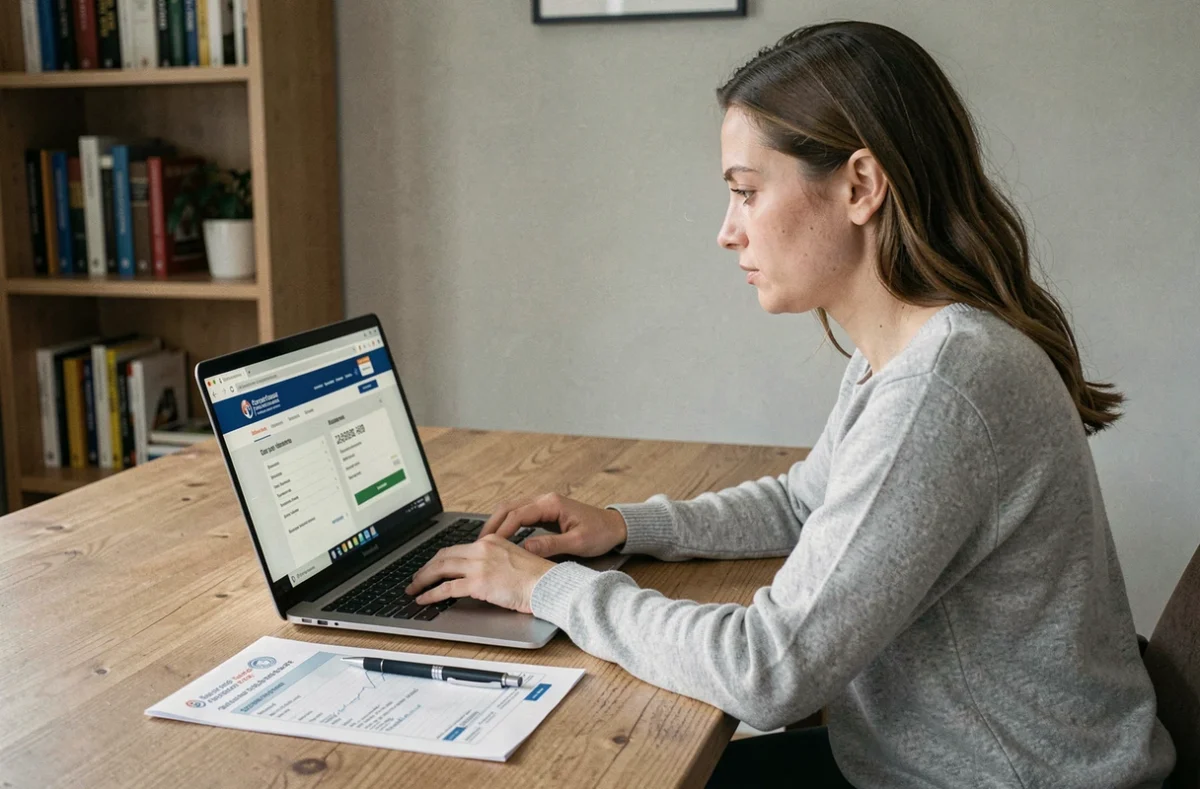 Femme effectuant sa demande de carte grise en ligne depuis un ordinateur portable à son bureau à domicile