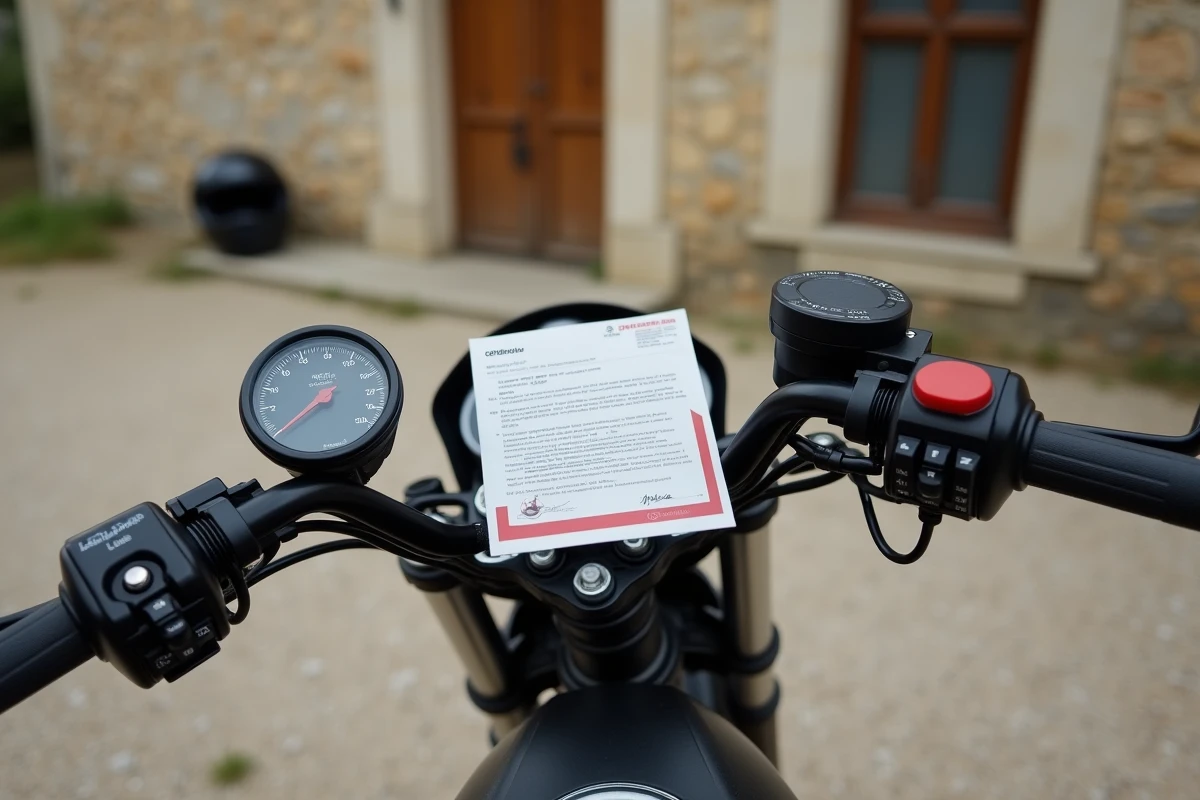 Gros plan sur le guidon d'un piwi 80 avec document de certification et casque posé sur la selle