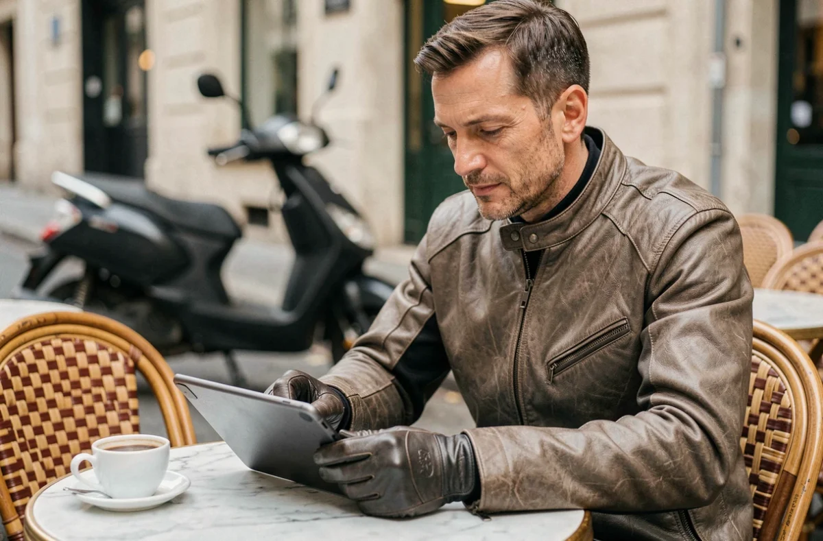 Homme en veste de moto remplissant un devis d'assurance scooter sur tablette en terrasse de café