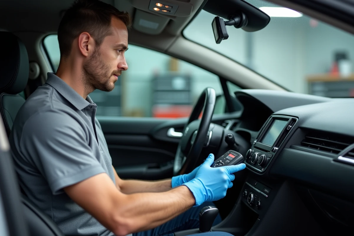 Technicien branchant un scanner OBD2 sur une Peugeot 308 pour lire le code défaut P0087