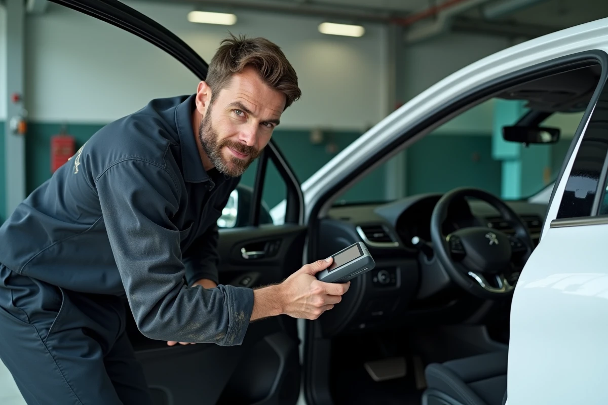 Mécanicien connectant un scanner OBD au tableau de bord d'une Peugeot 208 blanche dans un garage automobile