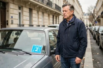 Homme à côté d'un véhicule diesel avec vignette Crit'Air 2 collée sur le pare-brise dans une rue parisienne