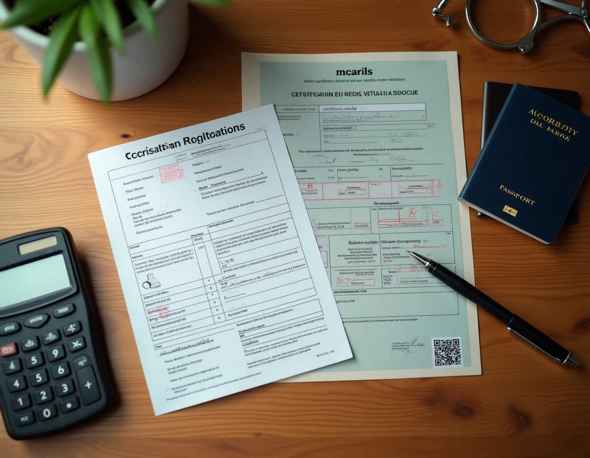 Vue aérienne des documents nécessaires pour obtenir une carte grise de véhicule importé en France