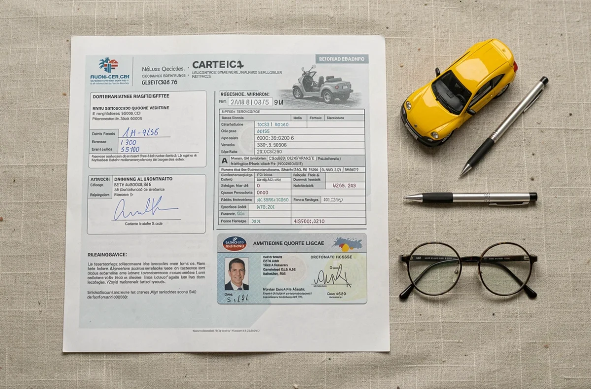 Vue de dessus des documents nécessaires pour obtenir la carte grise d'une voiture sans permis en France