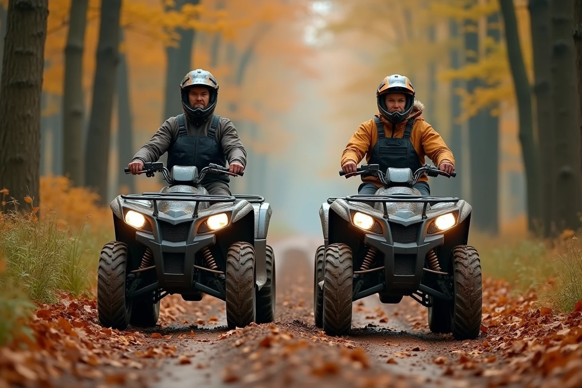 Deux adultes en randonnée sur des quads électriques sur un chemin forestier recouvert de feuilles d'automne