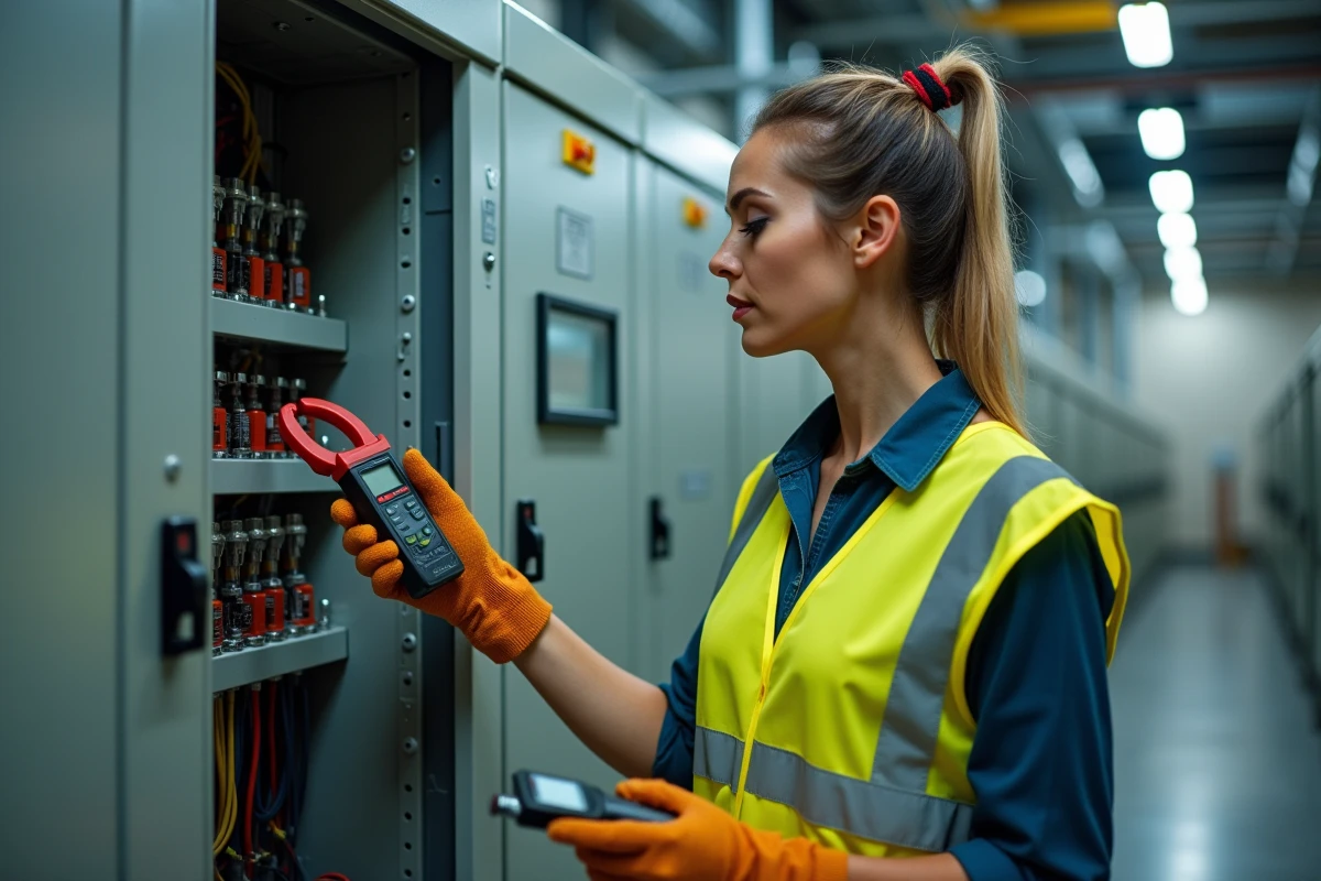 Électricienne analysant des condensateurs de démarrage dans un tableau électrique industriel avec un appareil de mesure