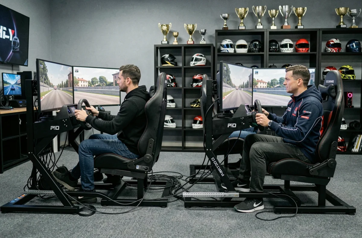 Deux pilotes adultes s'entraînant côte à côte sur des simulateurs Assetto Corsa dans un lounge de sim racing semi-professionnel