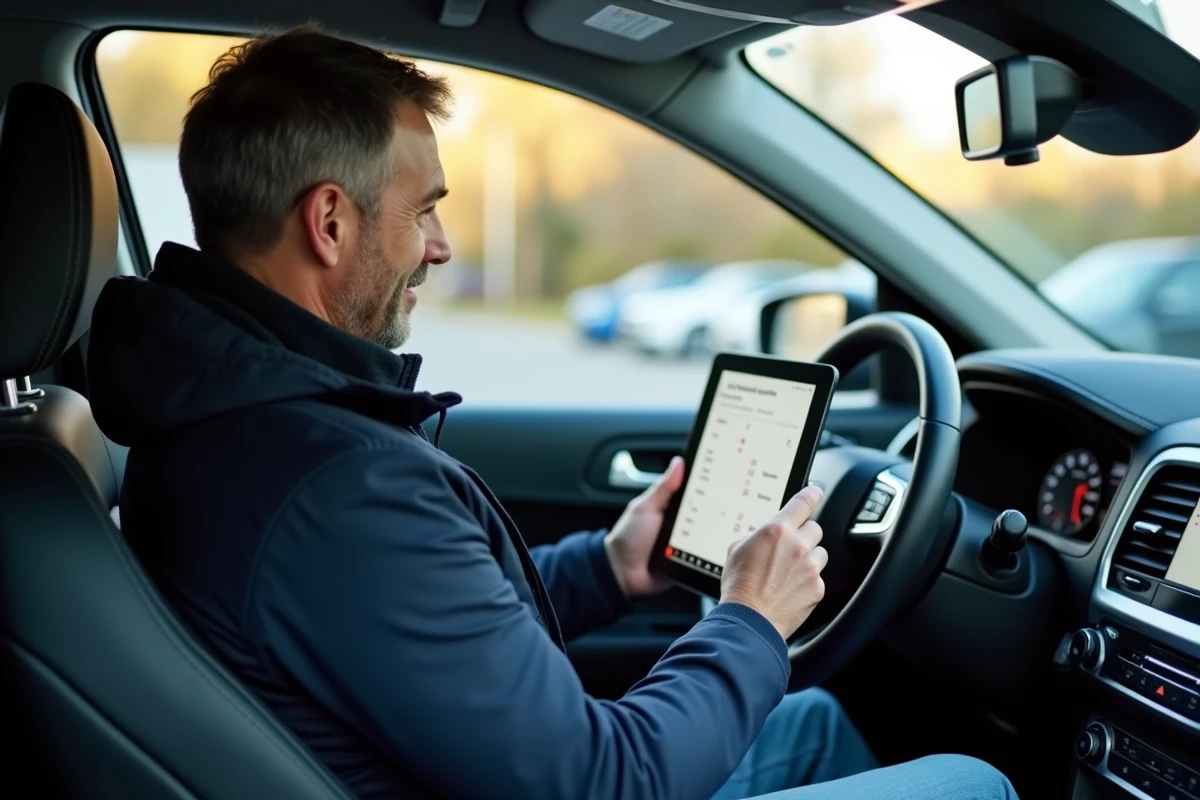 Homme pratiquant les questions du permis de conduire sur tablette depuis l'intérieur de son SUV