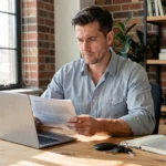 Entrepreneur assis à son bureau à domicile comparant des offres d'assurance auto sur son ordinateur portable