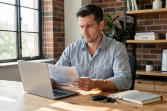 Entrepreneur assis à son bureau à domicile comparant des offres d'assurance auto sur son ordinateur portable