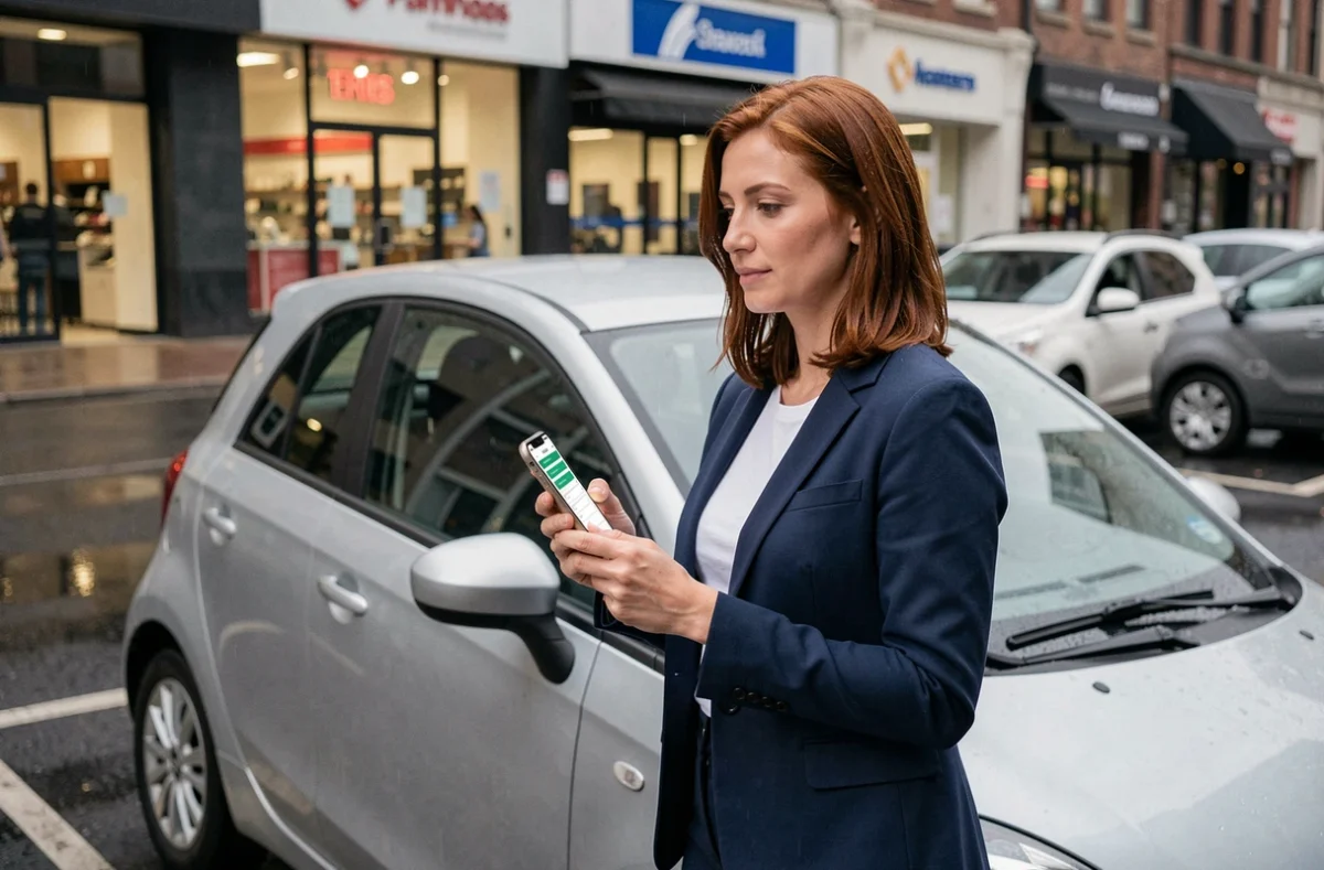 Entrepreneuse debout près de sa voiture en ville consultant une application de comparaison d'assurance auto sur son téléphone