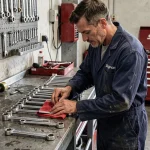 Mécanicien auto nettoyant ses clés à douille chromées avec un chiffon microfibre dans un atelier professionnel