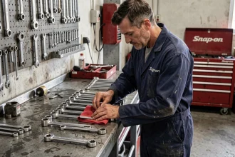 Mécanicien auto nettoyant ses clés à douille chromées avec un chiffon microfibre dans un atelier professionnel