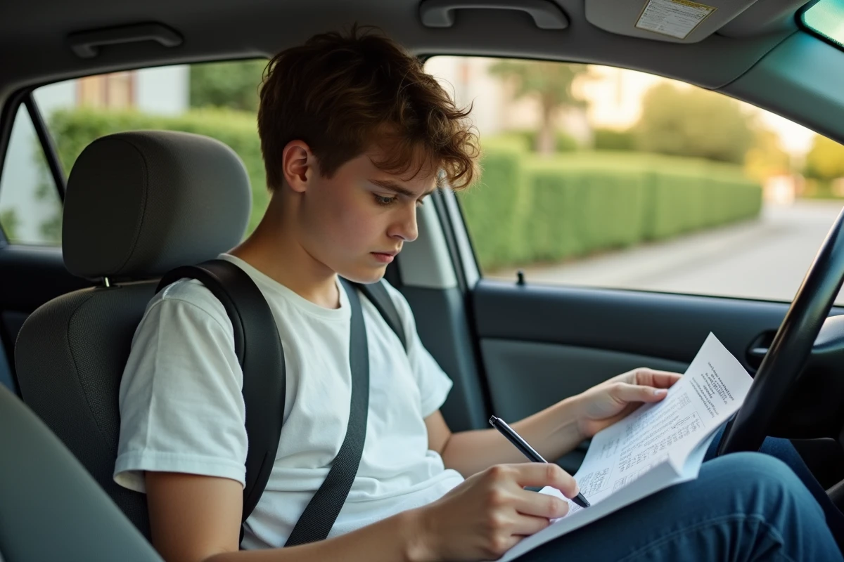Adolescent étudiant les questions du code de la route avec un livret imprimé assis dans une voiture garée