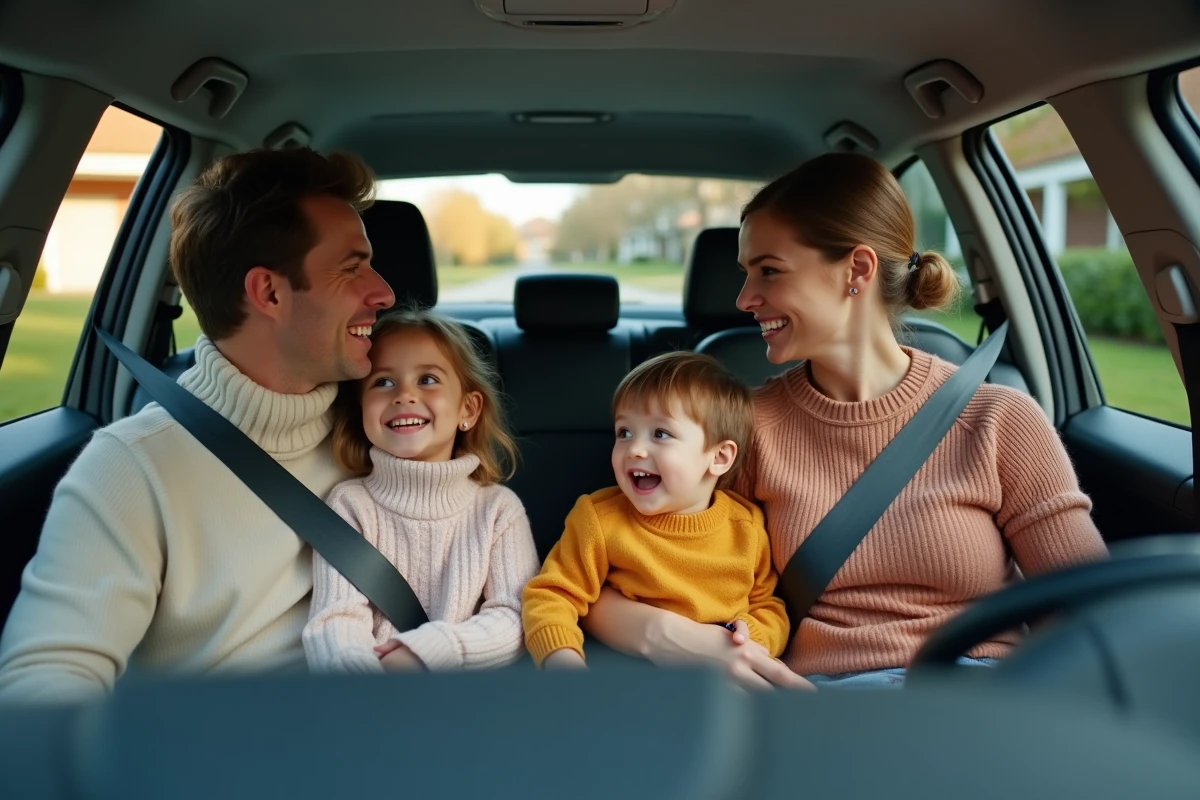Famille dans un SUV garé devant une maison de banlieue