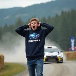 Jeune fan de rallye en extérieur avec voiture en arrière-plan