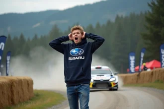 Jeune fan de rallye en extérieur avec voiture en arrière-plan